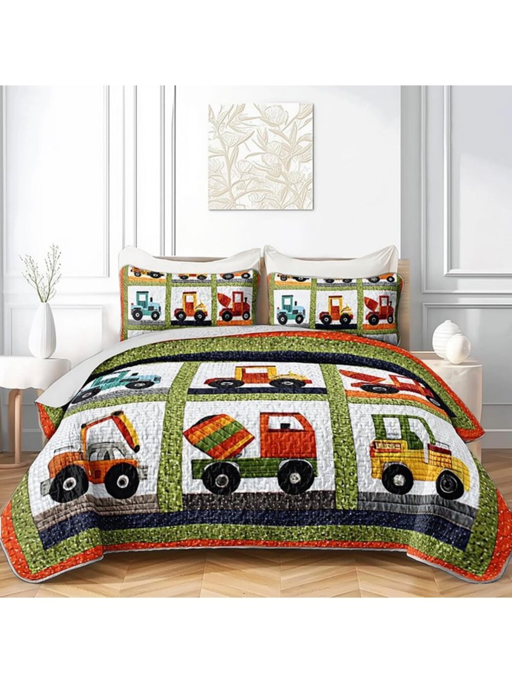 Colorful Cartoon Construction Vehicle Quilt Set for Kids - Full/Queen